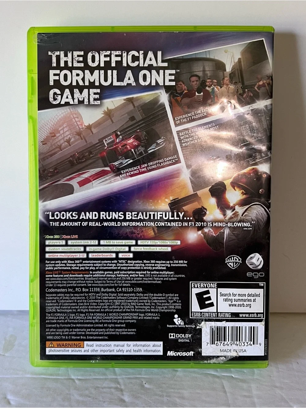 Xbox 360 Game F1 Formula 1 2010 Has Booklet Tested and Works